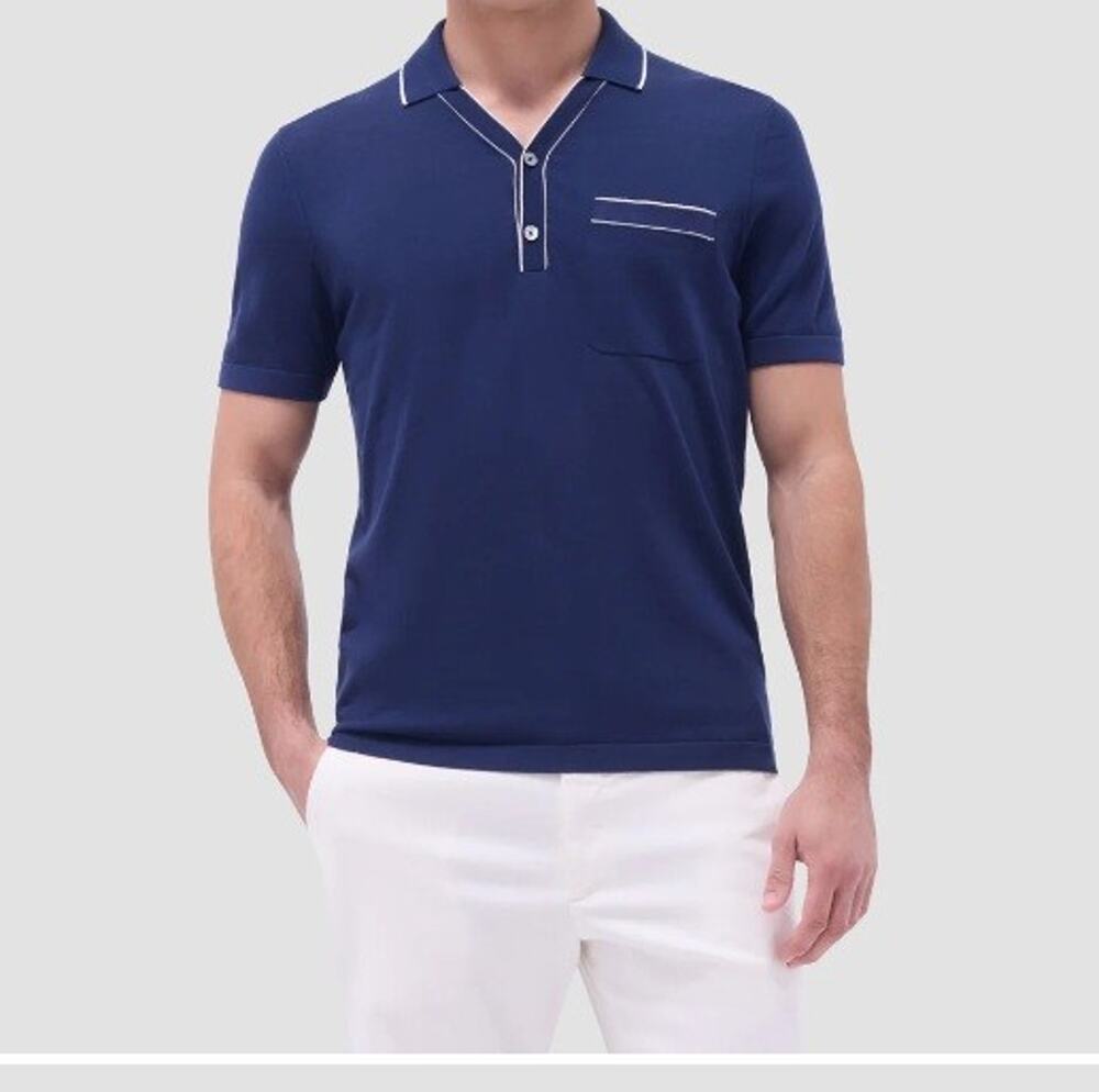 Bugatchi Sz L Jersey Knit Short Sleeve Johnny Sweater Polo Navy Blue Cotton Silk